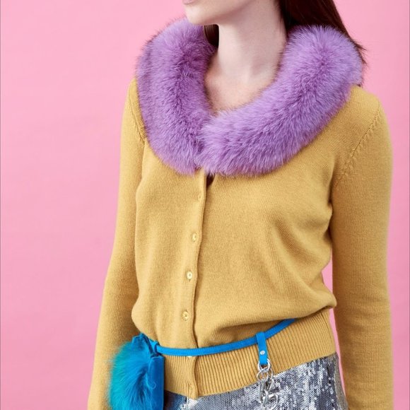 Blugirl Yellow Cardigan With Purple Fox Fur